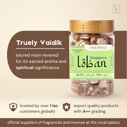A jar of Vasudham Singapore Truely Vaidik loban with a gold lid and green label, set against a beige background with promotional text.