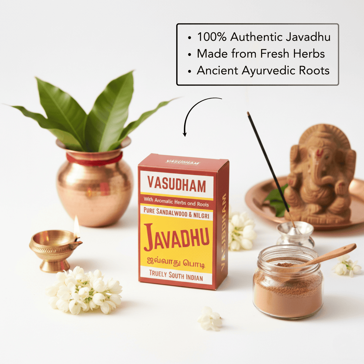 VASUDHAM Javadhu product with Ayurvedic elements on a white background