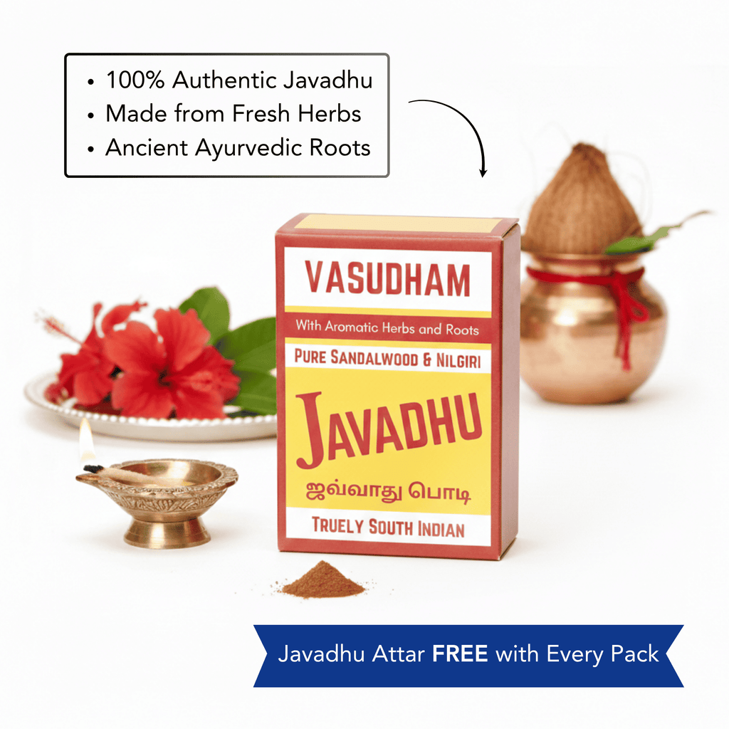 Vasudham Javadhu packaging with sandalwood and herbs on a white background