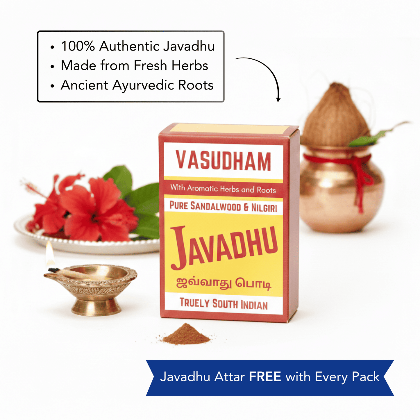 Vasudham Javadhu packaging with sandalwood and herbs on a white background