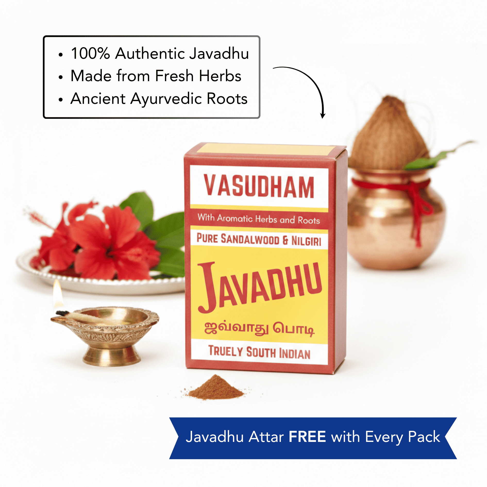 Vasudham Javadhu packaging with sandalwood and herbs on a white background