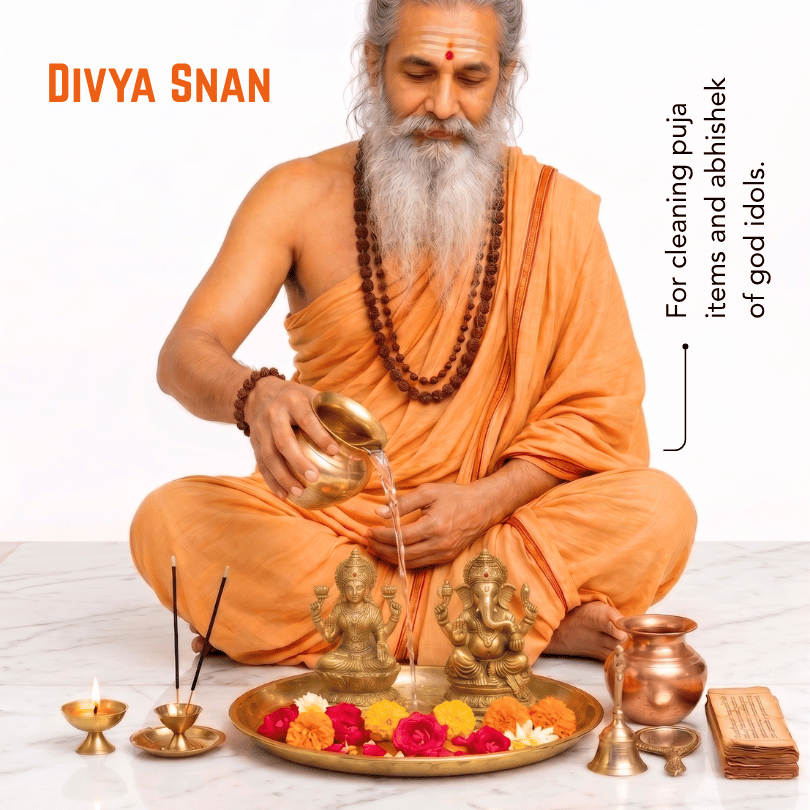 A man in an orange sash performing a ritual with a brass pot and a brass tray decorated with flower petals and small statues, seated against a white background with text reading 'DIVYA SNAN' and additional instructional text on the right.