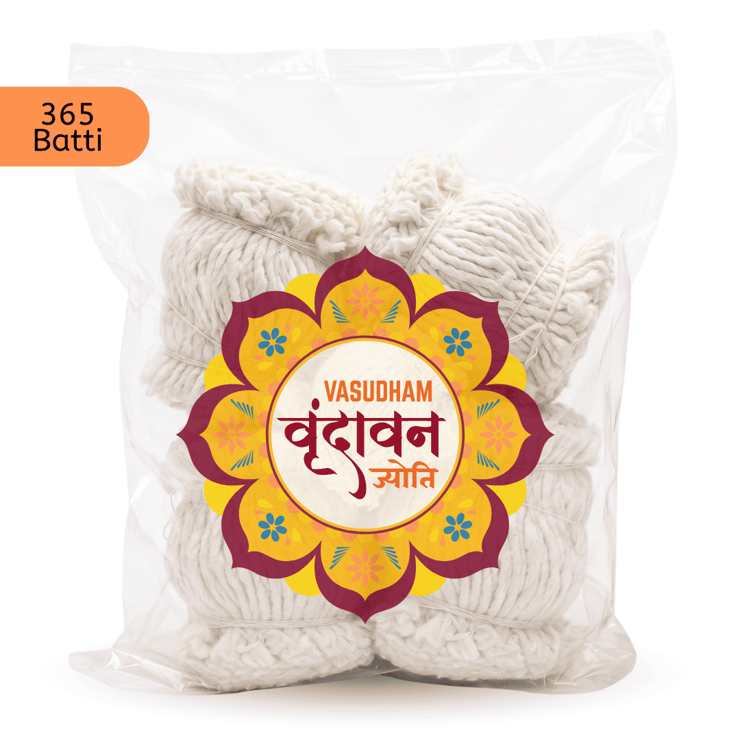 A clear plastic bag containing folded off-white cotton batti yarn, with a large decorative label on the front reading 'VASUDHAM' and Devanagari text. An orange badge in the top-left corner says '365 Batti'.