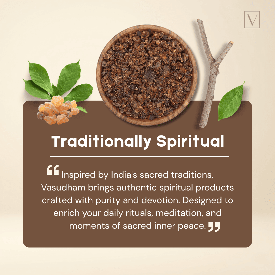 A promotional graphic for a spiritually themed product, featuring a bowl of dark brown granules, dried flowers, leaves, and a small branch on a beige background with a brown text panel that reads 'Traditionally Spiritual' and includes a quote about sacred traditions and spiritual products.