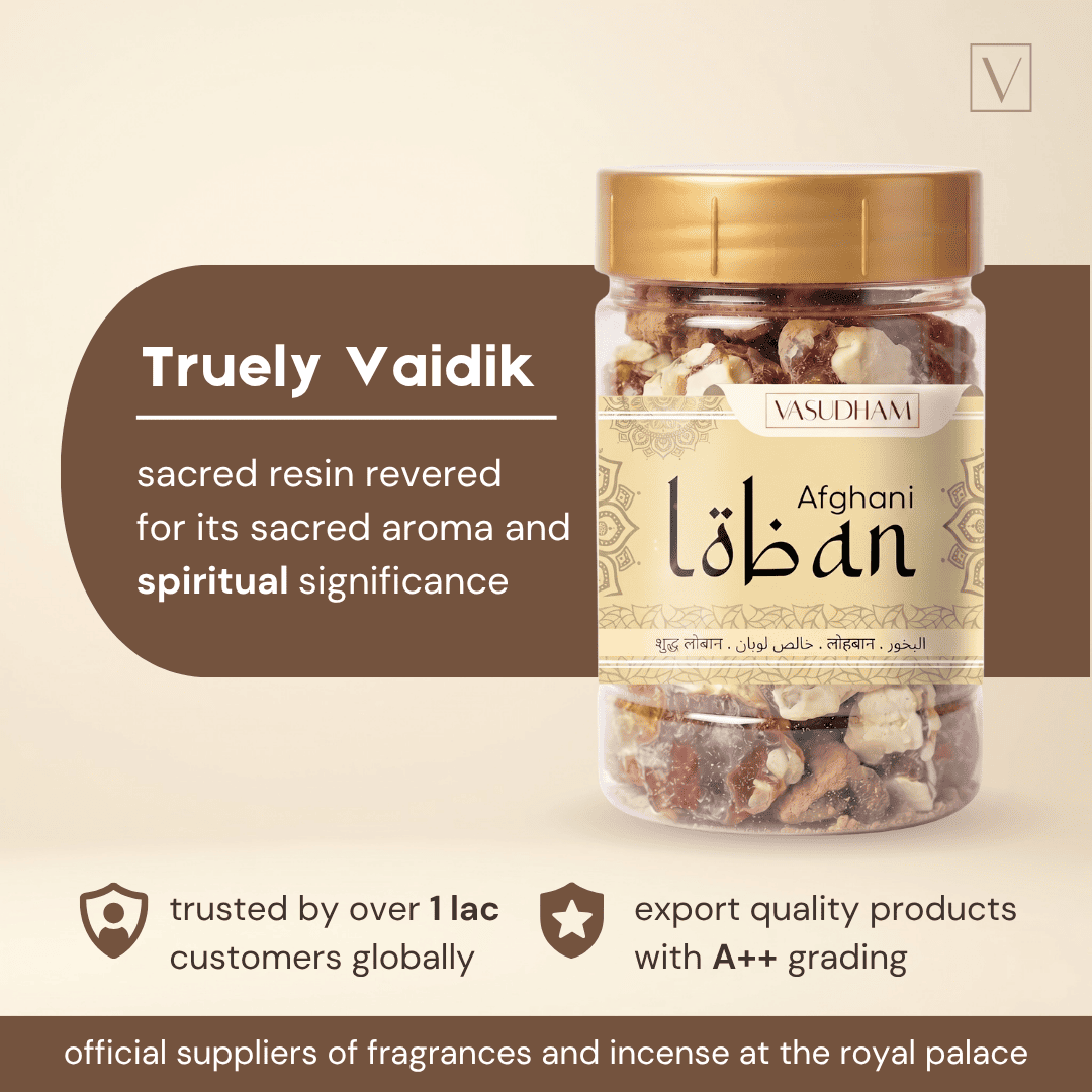 A jar of VASDHIANI Truely Vaidik Afghan incense sticks with a gold lid and cream label, set against a warm beige background with promotional text.