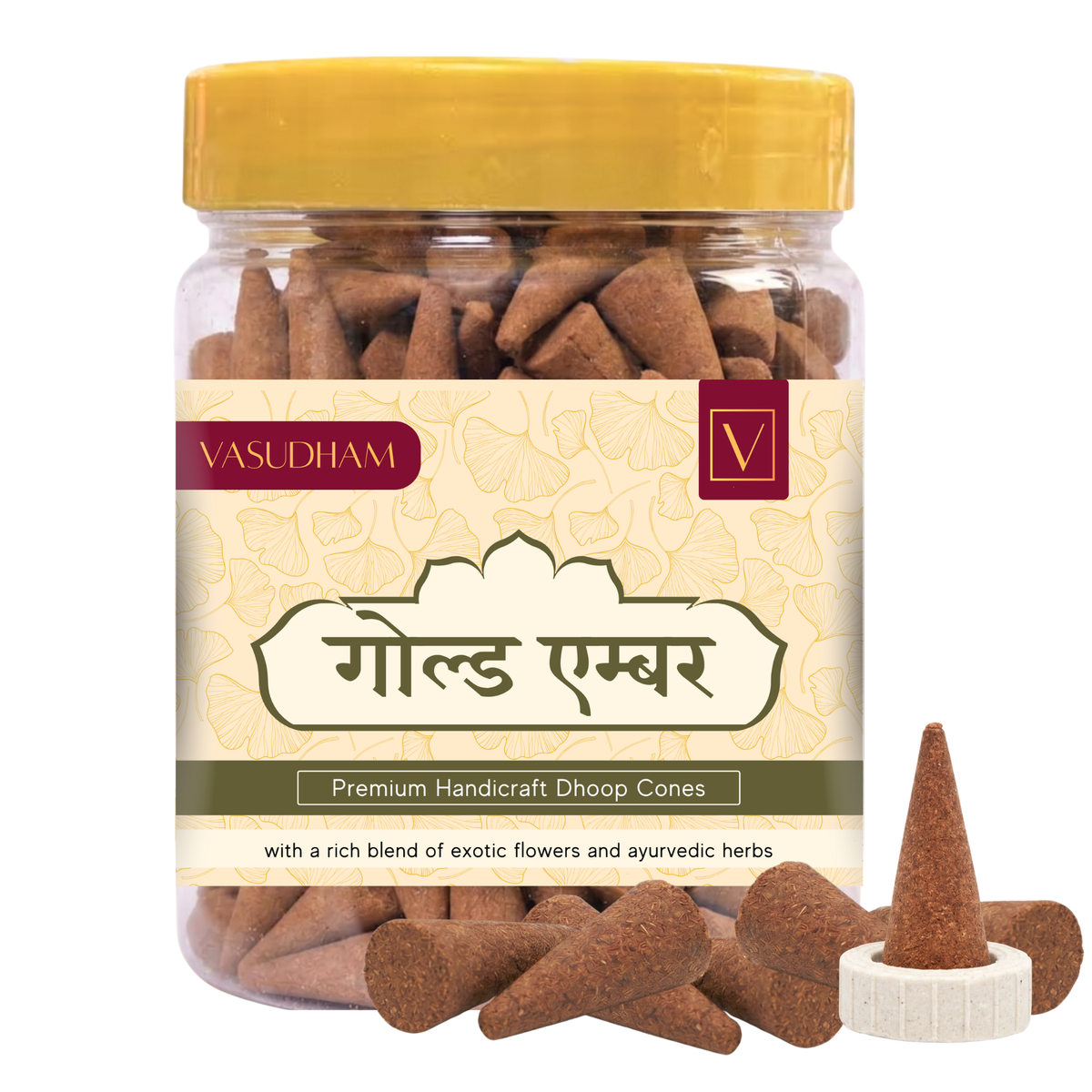 Jar of Vasudham incense cones with a yellow lid and visible label.