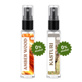 Two clear glass perfume spray bottles with black pumps, labeled Amber Wood and Kasturi, shown side by side on a white background with green '0% alcohol' badges.