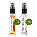 Two clear glass perfume spray bottles with black pumps, labeled Amber Wood and Oud Malaki, shown side by side on a white background with green '0% alcohol' badges.