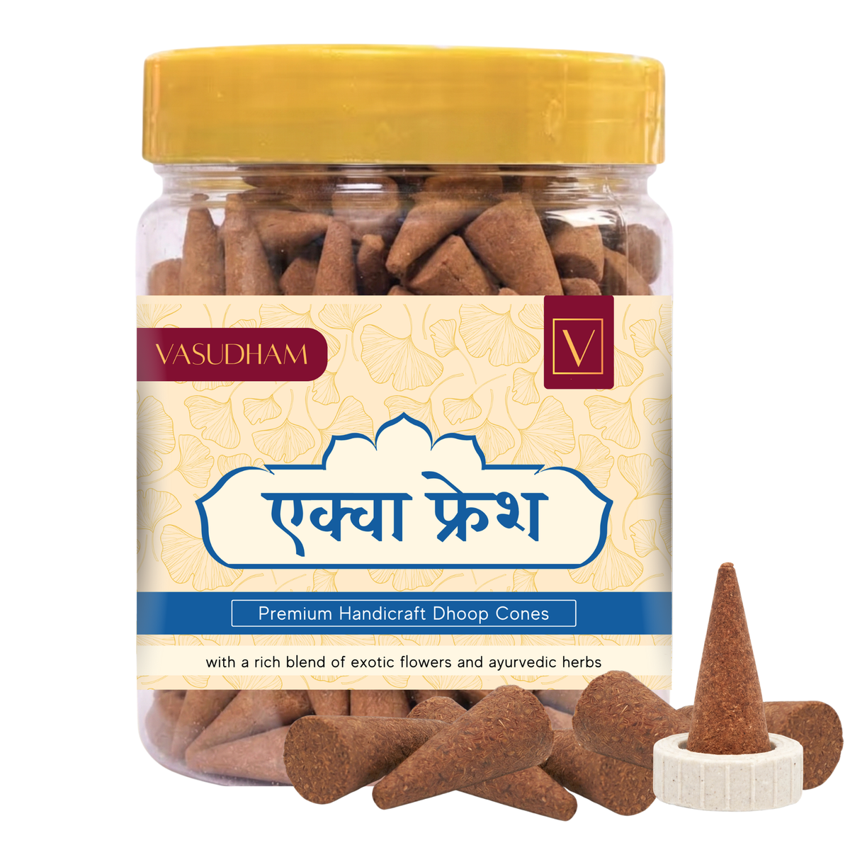 Jar of Vasudham aqua incense cones with a yellow lid on a white background