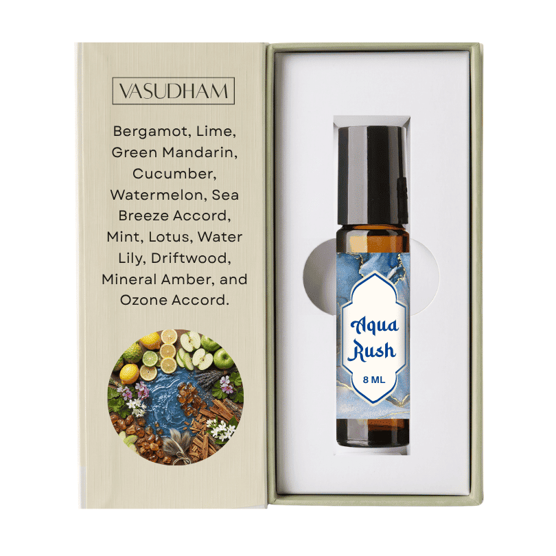 Vasudham Aqua Rush 8ml essential oil roller bottle displayed inside its open presentation box, showing the product and its scent profile.