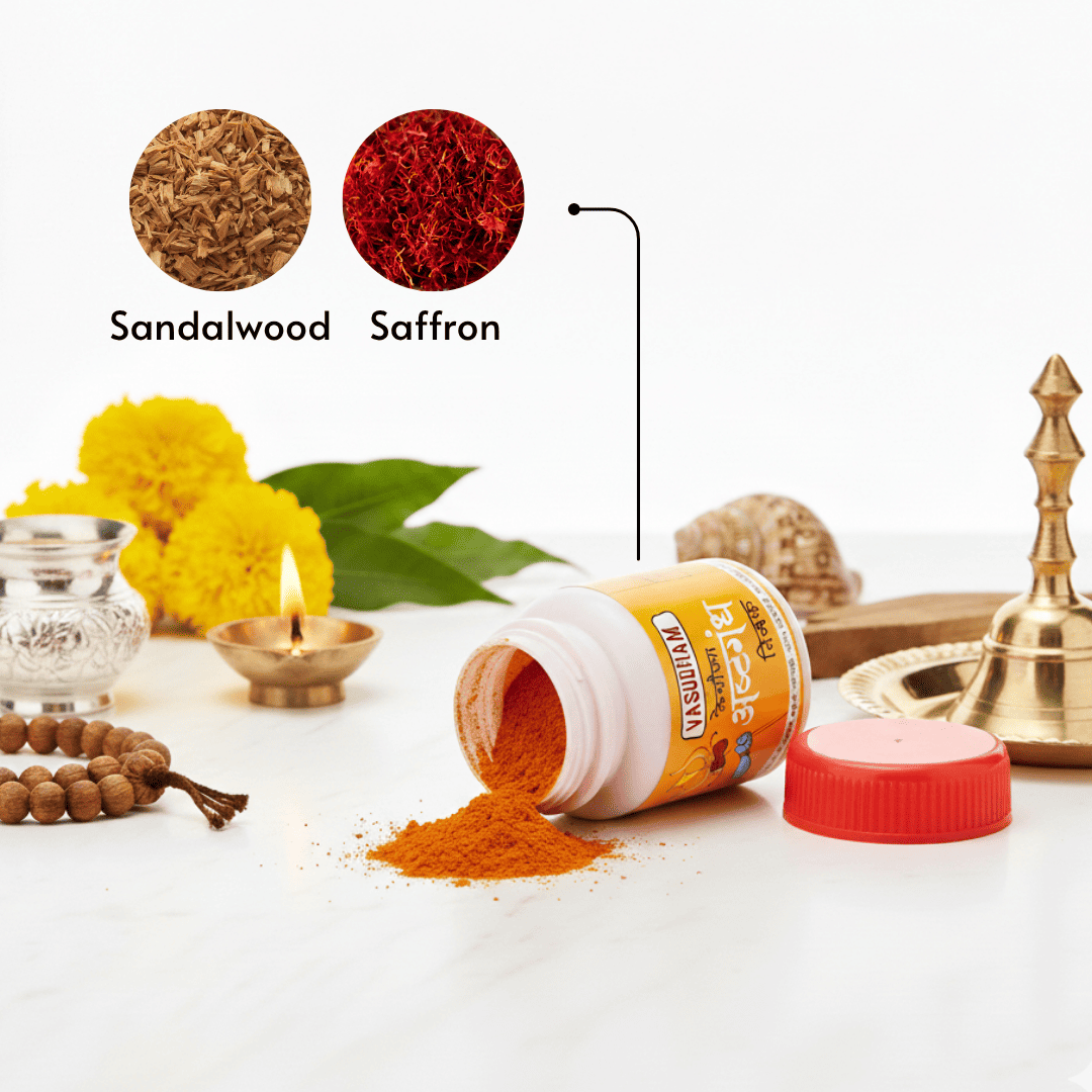 An open white jar of orange-red powder lies on its side with the red cap beside it on a white surface. Two circular insets at the top show labeled samples of Sandalwood and Saffron, with yellow flowers, green leaves, a brass lamp, and other decorative props around the jar.