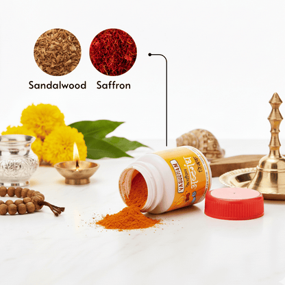 An open white jar of orange-red powder lies on its side with the red cap beside it on a white surface. Two circular insets at the top show labeled samples of Sandalwood and Saffron, with yellow flowers, green leaves, a brass lamp, and other decorative props around the jar.