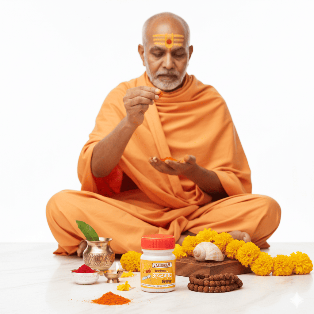 An elderly man in an orange robe sits cross-legged on a white surface, holding a small orange powder in his hands. In front of him are various festive items including a jar of 'Kumkum' (orange-red pigment), marigold flowers, a brass pot, and a wooden bead mala.