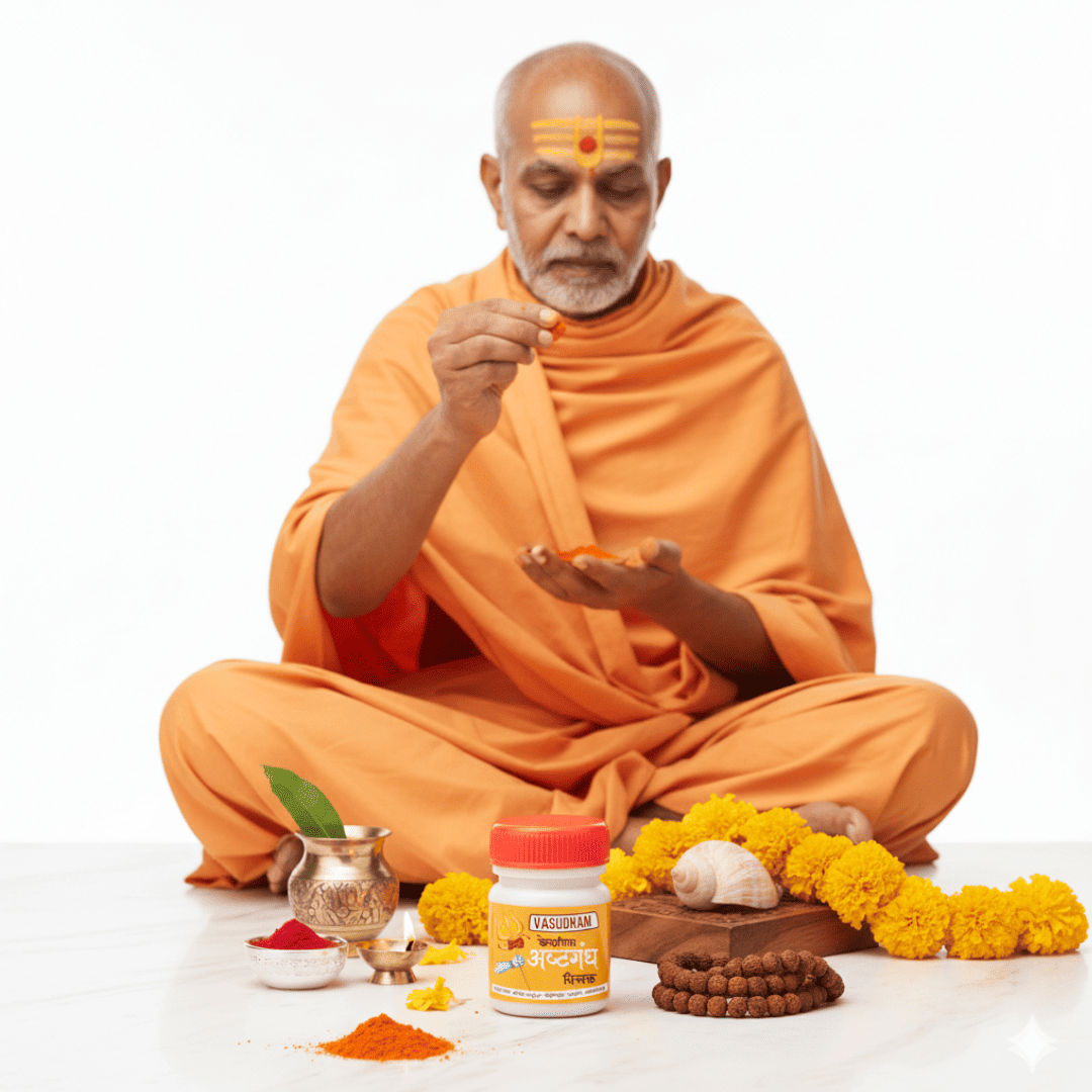 An elderly man in an orange robe sits cross-legged on a white surface, holding a small orange powder in his hands. In front of him are various festive items including a jar of 'Kumkum' (orange-red pigment), marigold flowers, a brass pot, and a wooden bead mala.