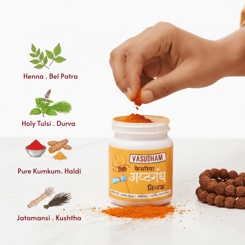 A jar of Vasudham Ashtgandh (holy ash) with a hand sprinkling orange powder onto it, set against a white background with ingredient illustrations on the left and a bundle of rudraksha beads on the right.