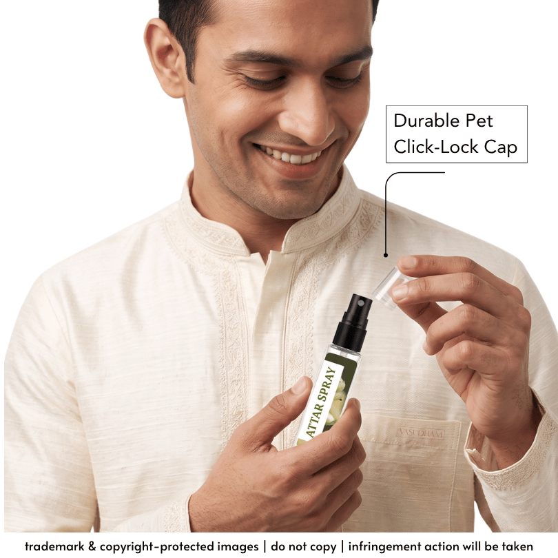 A man in a cream-colored kurta holds a pet spray bottle while demonstrating its click-lock cap. The image features a text overlay pointing to the cap and a small inset showing the clear dropper applicator.