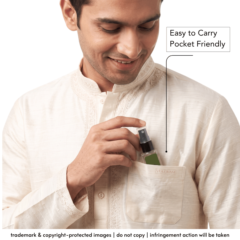 A man in a cream-colored kurta demonstrates a small green spray bottle fitting into his chest pocket, with text overlay reading 'Easy to Carry Pocket Friendly'.