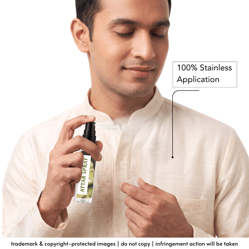 A man wearing a cream-colored embroidered kurta sprays a small bottle of Attar Spray from his collar pocket. The image includes text overlays stating '100% Stainless Application' and a copyright notice at the bottom.