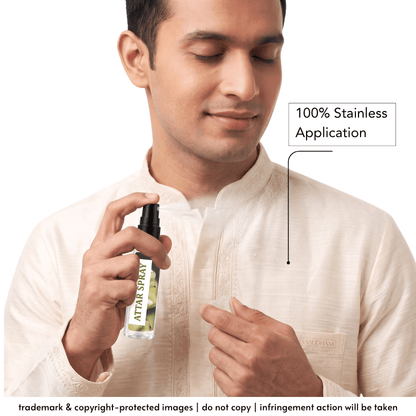 A man wearing a cream-colored embroidered kurta sprays a small bottle of Attar Spray from his collar pocket. The image includes text overlays stating '100% Stainless Application' and a copyright notice at the bottom.
