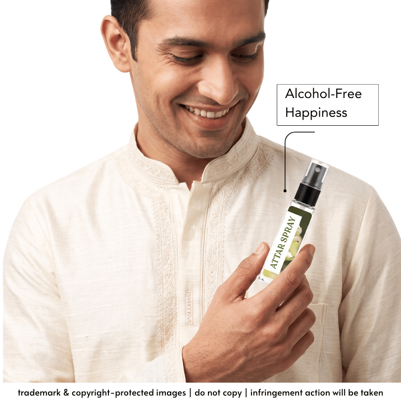 A smiling man in a cream kurta holds a small spray bottle labeled ATTAR SPRAY. A text callout reads 'Alcohol-Free Happiness' with an arrow pointing to the bottle.