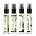 Four small clear spray bottles with black pump tops arranged side by side on a white background. Each bottle has a vertical label with green text and floral/leaf imagery: 'RUH KEWRA', 'RAJNIGANDHA', 'PARIJAT', and 'WHITE LILY'.