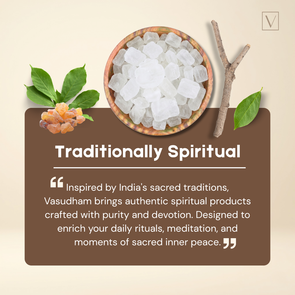 Promotional graphic for Vasudham featuring a bowl of white crystalline powder, green leaves, and a small orange flower on a beige background with a brown text panel that reads 'Traditionally Spiritual' and includes a quote about spiritual products.
