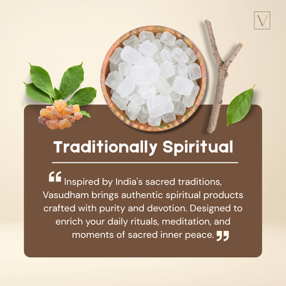 Promotional graphic for Vasudham featuring a bowl of white crystalline powder, green leaves, and a small orange flower on a beige background with a brown text panel that reads 'Traditionally Spiritual' and includes a quote about spiritual products.