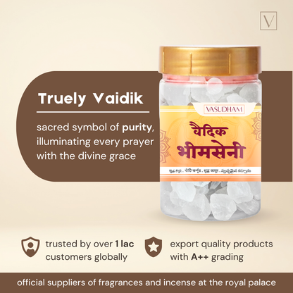 A jar of Vasudham Truely Vaidik Bhimseni camphor, shown on a beige background with promotional text overlays.