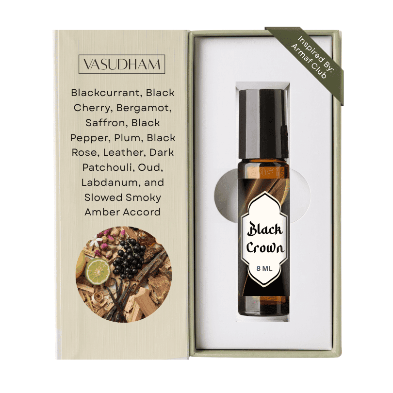 Vasudham black crown roll-on perfume in an elegant attar oil fragrance bottle