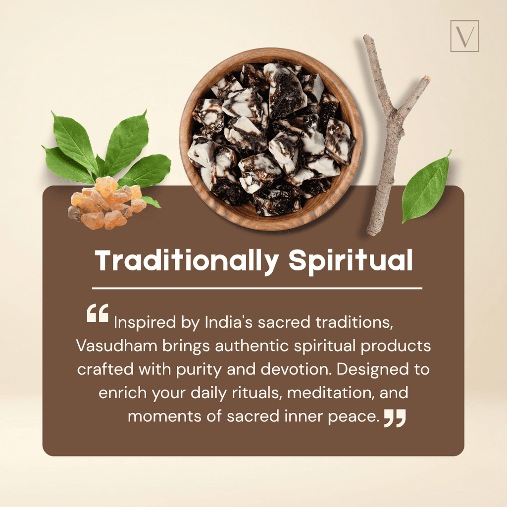 A promotional graphic for Vasudham featuring a bowl of dark and light herbal powder, green leaves, and a small branch on a beige background with a brown text panel that reads 'Traditionally Spiritual' and includes a quote about spiritual products.