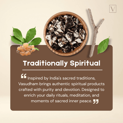 A promotional graphic for Vasudham featuring a bowl of dark and light herbal powder, green leaves, and a small branch on a beige background with a brown text panel that reads 'Traditionally Spiritual' and includes a quote about spiritual products.