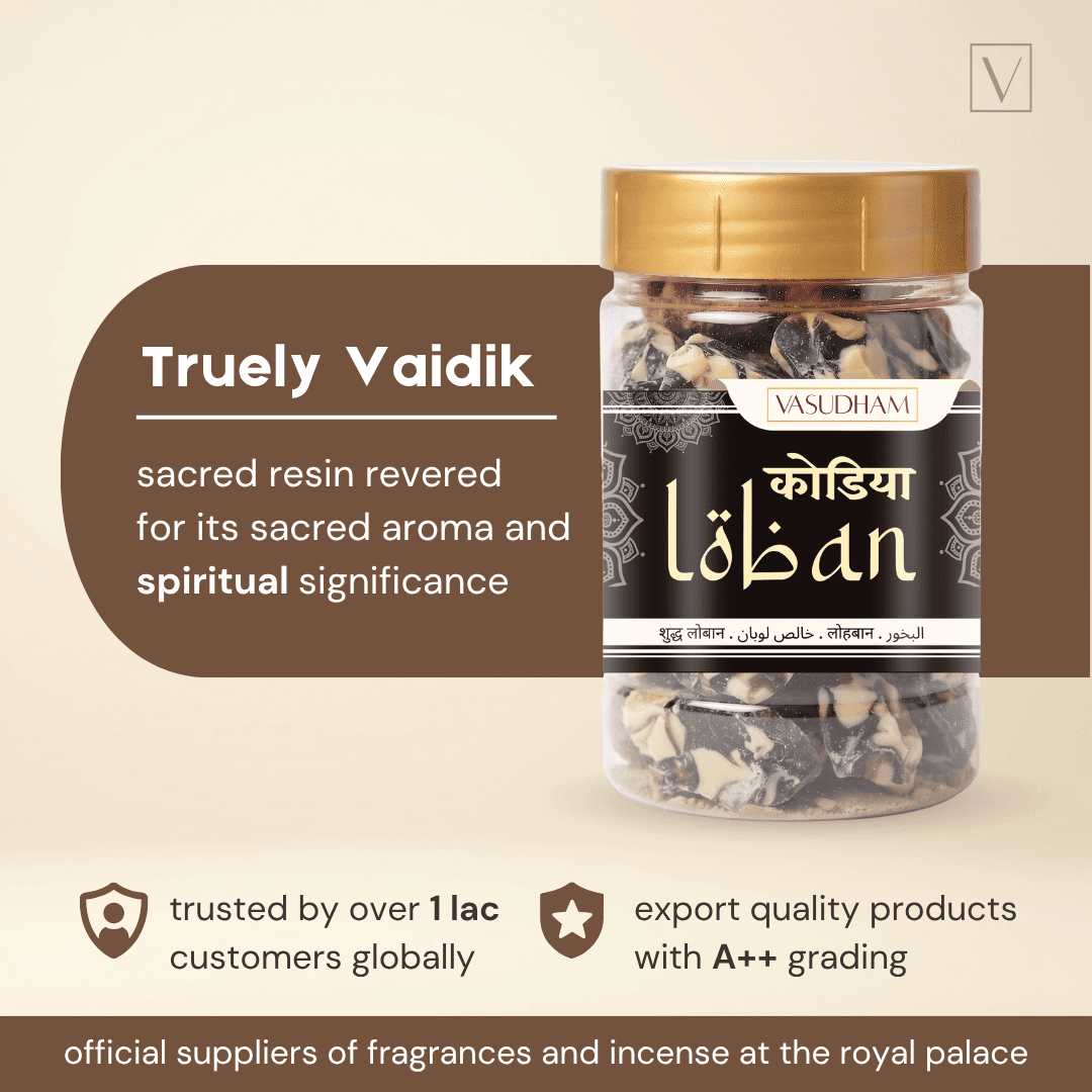 A jar of Vasudham black Kodia loban sacred resin incense, shown on a beige background with promotional text overlays.