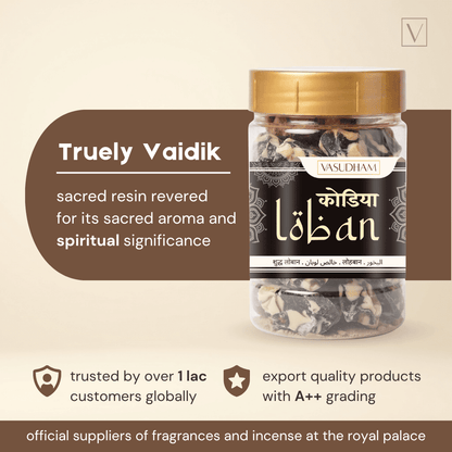 A jar of Vasudham black Kodia loban sacred resin incense, shown on a beige background with promotional text overlays.