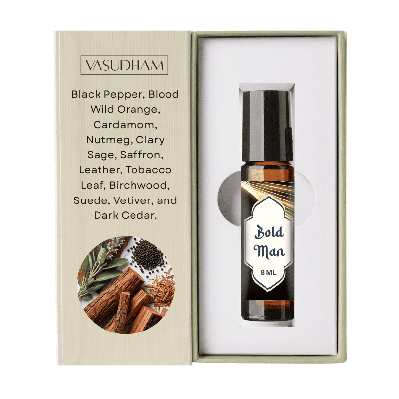 Box of Vasudham Bold Man Roll-On Perfume with Fragrance Notes