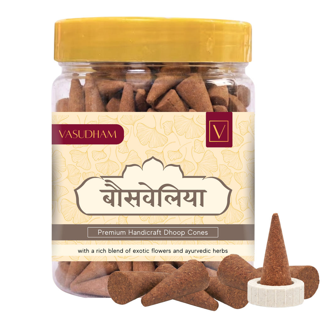 Jar of Vasudham boswellia dhoop cones with a yellow lid and visible label.