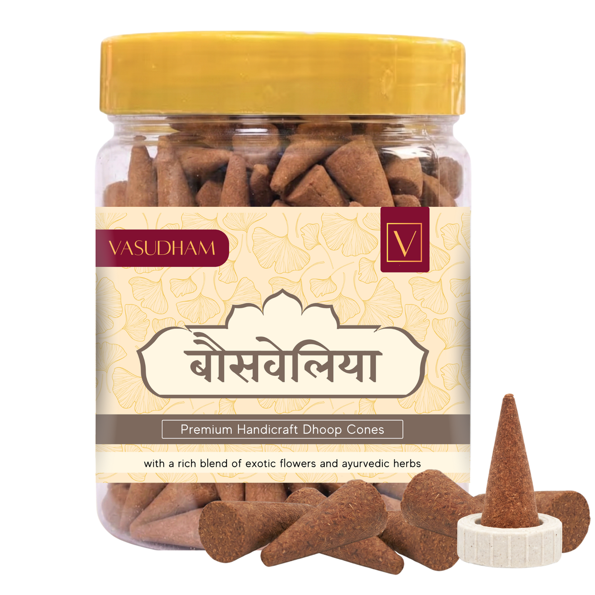 Jar of Vasudham boswellia dhoop cones with a yellow lid and visible label.