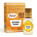 Vasudham Attar Gold Standard brahma kamal perfume bottle and its orange packaging box on a white background.