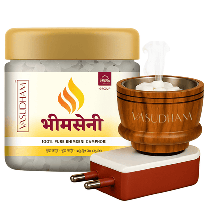 Vasudham brand camphor product with wooden kapur daani and white base on a white background