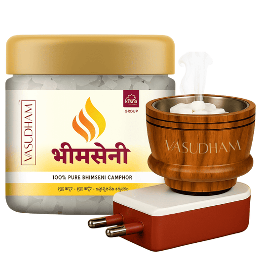 Vasudham brand camphor product with wooden kapur daani and white base on a white background