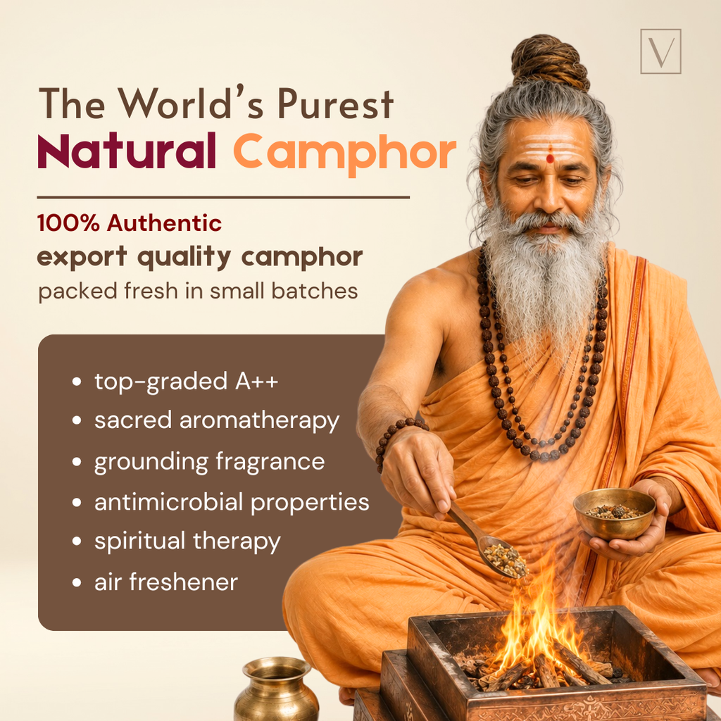 Promotional graphic for natural camphor featuring an elderly bearded man in orange robes performing a ritual fire ceremony, alongside text highlighting 'The World's Purest Natural Camphor' and product benefits.