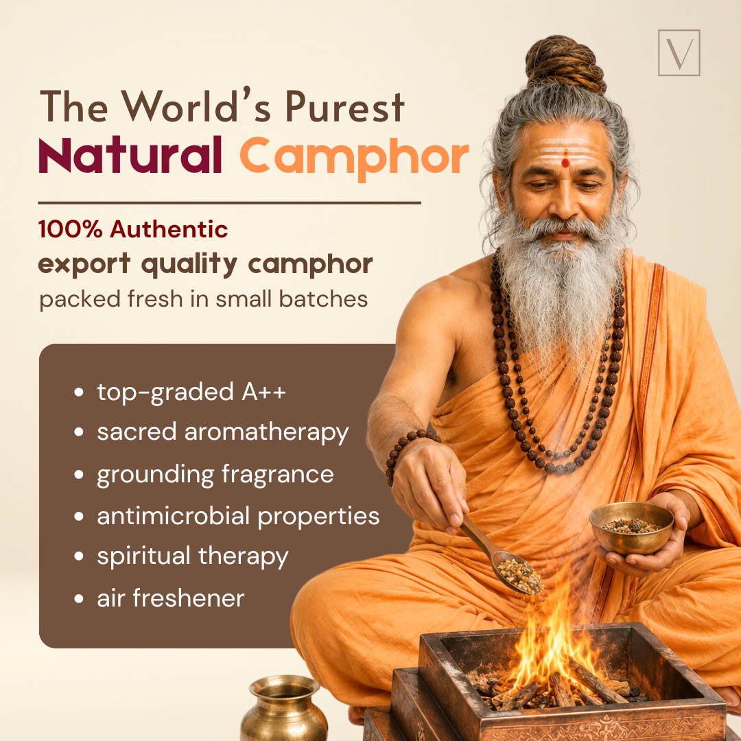 Promotional graphic for natural camphor featuring an elderly bearded man in orange robes performing a ritual fire ceremony, alongside text highlighting 'The World's Purest Natural Camphor' and product benefits.