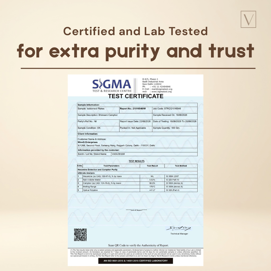 A test certificate document from Sigma Test & Measurement Centre displayed on a beige background with the text 'Certified and Lab Tested for extra purity and trust' above it.