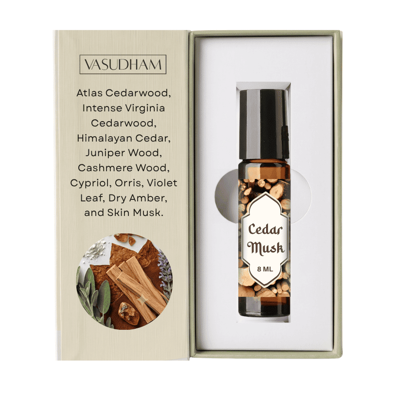 Box of Vasudham Cedar Musk Roll-On Perfume with Fragrance Notes