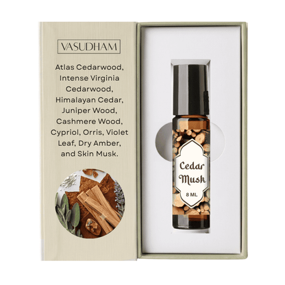 Box of Vasudham Cedar Musk Roll-On Perfume with Fragrance Notes