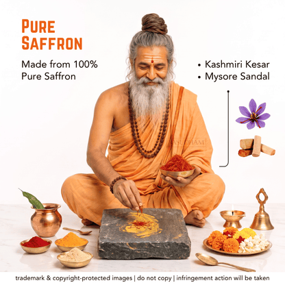 A promotional graphic for pure saffron featuring a seated bearded man in an orange robe preparing saffron on a stone slab, surrounded by bowls of saffron and spices. Text reads 'PURE SAFFRON' and 'Made from 100% Pure Saffron,' with bullet points mentioning Kashmiri Kesar and Mysore Sandal, plus small illustrations of a saffron flower and dried barks.