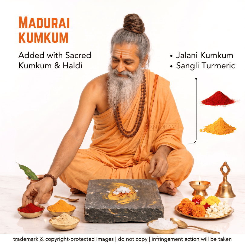 An elderly man in an orange robe sits cross-legged on a white background, preparing or presenting Madurai Kumkum. Small bowls around him contain red, yellow, and beige powders, with text callouts pointing to red Jalani Kumkum and yellow Sangli Turmeric.