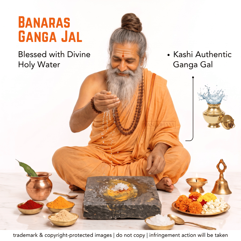 A man dressed as a Hindu sadhu sits cross-legged on a white background, performing a ritual with a stone slab, brass pot, and colorful powder bowls. Text on the image reads 'BANARAS GANGA JAL' and 'Blessed with Divine Holy Water,' with a small inset showing holy water from a brass pot labeled 'Kashi Authentic Ganga Gal.