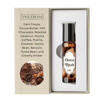 Box of Vasudham Choco Musk Roll-On Perfume with Fragrance Notes