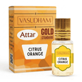 Vasudham Attar Gold Standard Citrus Orange perfume bottle and its orange packaging box on a white background.