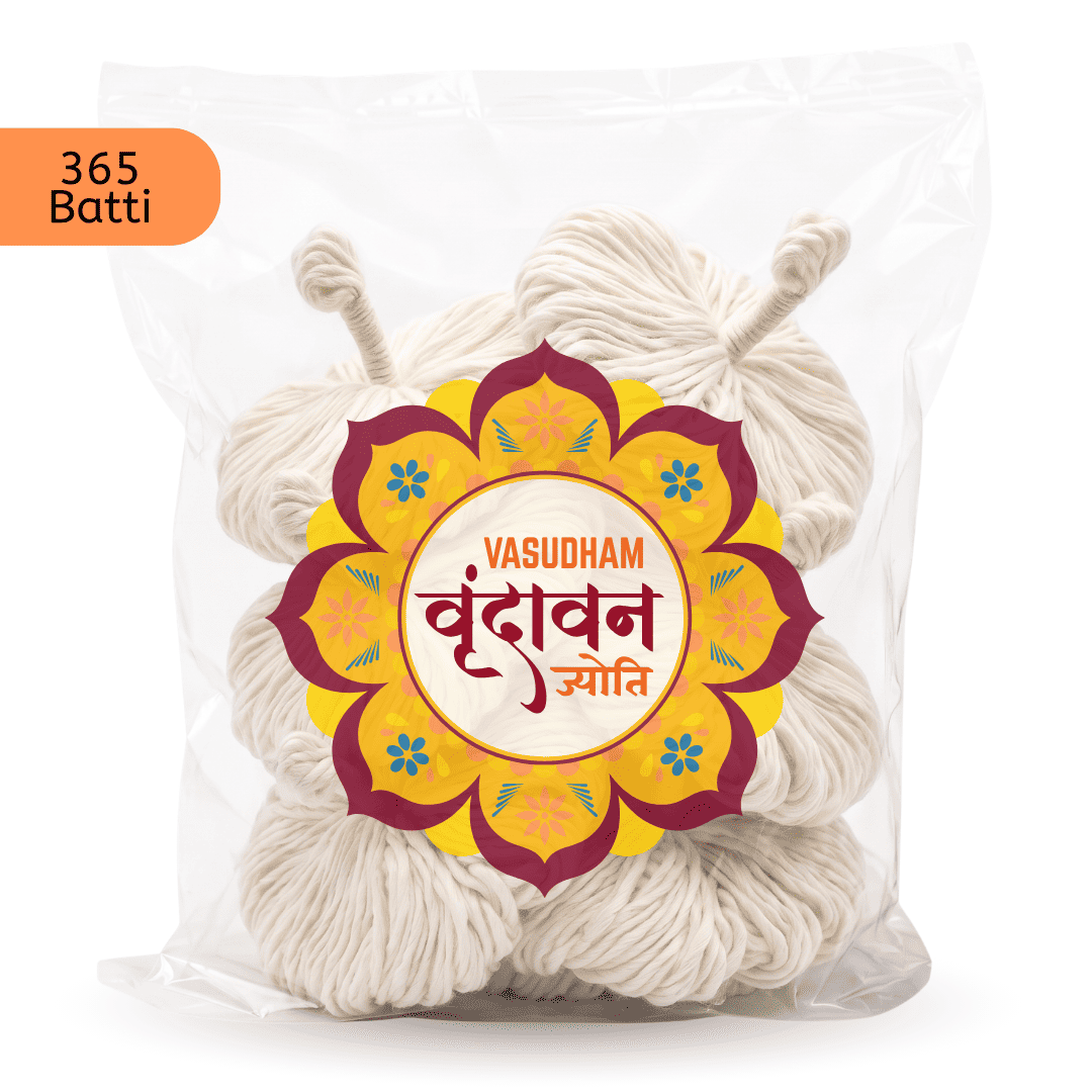A clear plastic bag filled with off-white cotton batti thread, featuring a large decorative label with the brand name 'VASUDHAM' and Hindi text. An orange badge in the top-left corner reads '365 Batti'.